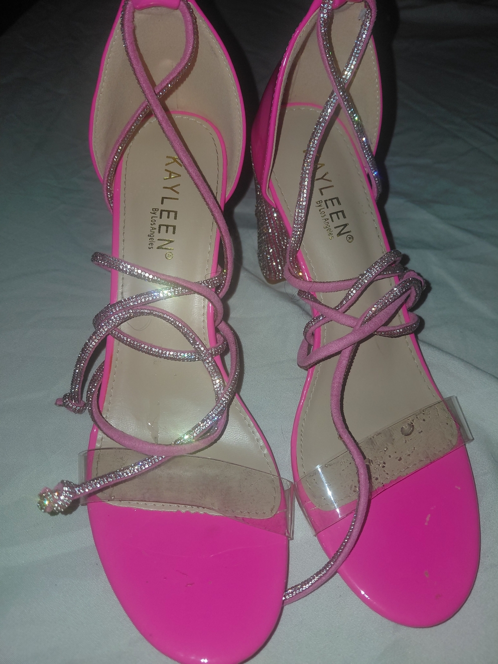 Kayleen By Los Angeles Hot Pink Strappy Faux Diamond Studded Heeled Sandals